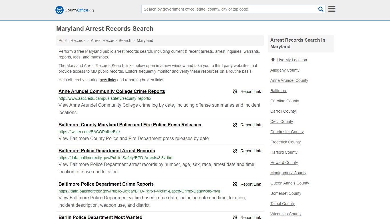 Arrest Records Search - Maryland (Arrests & Mugshots) - County Office